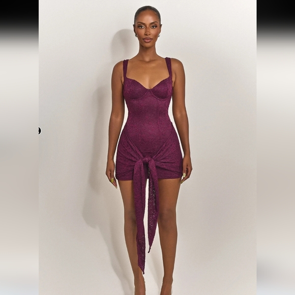 Mars The Label Dresses & Skirts - Mars The Label Plum Cinched Lace Mini Dress with Tie